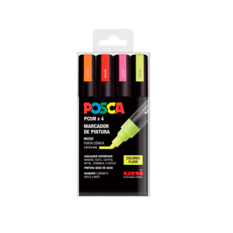 ROTULADOR UNI POSCA PC-5M/4C MARCADOR DE PINTURA PUNTA CONICA 1,8-2,5 MM BOLSA DE 4 UNIDADES COLORES FLUORESCENTE