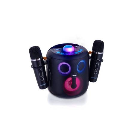 ALTAVOZ MARCA DAEWO KARAOKE 15W BLUETOOTH LUCES LED RADIO FM 2 MICROFONOS INALAMBRICOS COLOR NEGRO