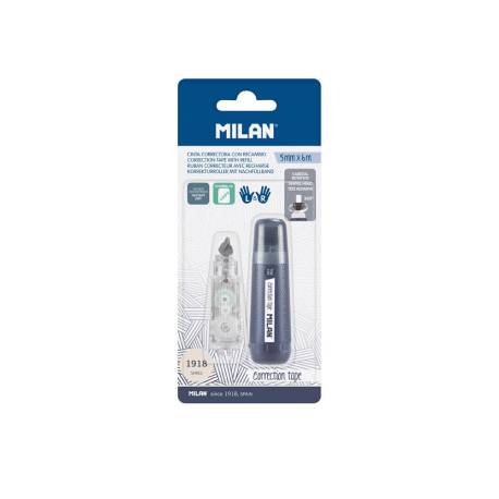 CINTA CORRECTORA MARCA MILAN 5 MM X 6 M COLECCION 430 SINCE 1918 AZUL MARINO BLISTER DE 1 UNIDAD + 1 RECAMBIO