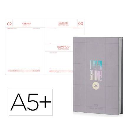AGENDA ENCUADERNADA MARCA ANTARTIK TIME TO SHINE A5+ 2026 DÍA PÁGINA GRIS PAPEL 80G FSC