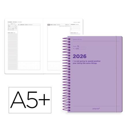 AGENDA ESPIRAL MARCA ANTARTIK MANIFEST A5+ 2026 DÍA PÁGINA MORADO PAPEL 80G FSC