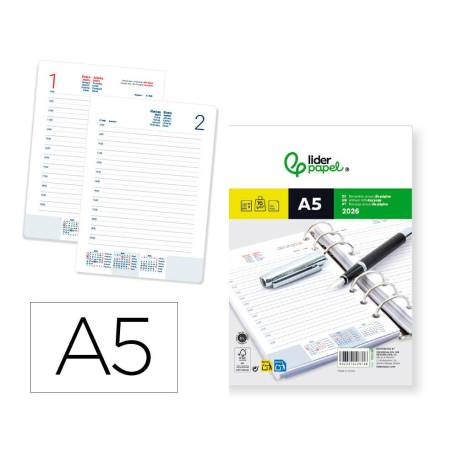 RECAMBIO AGENDA ANILLAS MARCA LIDERPAPEL 148X205 MM DIN A5 2026 DIA PAGINA PAPEL 70 GR