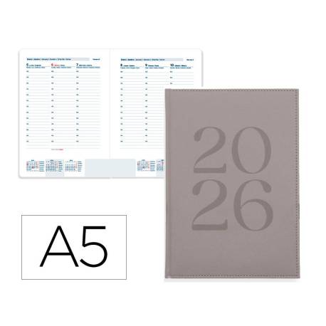 AGENDA ENCUADERNADA MARCA LIDERPAPEL CRETA 150X210 MM 2026 SEMANA VISTA GRIS PAPEL 70 GR