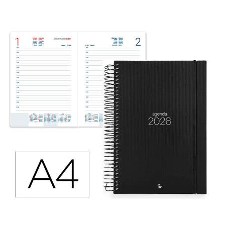 AGENDA ESPIRAL MARCA LIDERPAPEL OLBIA A4 2026 DIA PAGINA NEGRO PAPEL 60 GR FSC