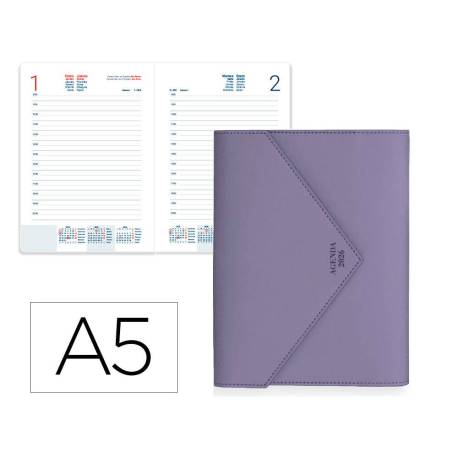 AGENDA ENCUADERNADA MARCA LIDERPAPEL PSARA A5 2026 DIA PAGINA MORADO PAPEL 70 GR FSC