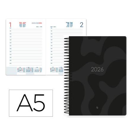 AGENDA ESPIRAL MARCA LIDERPAPEL SYROS 150X210 MM 2026 DIA PAGINA NEGRO PAPEL 60 GR FSC