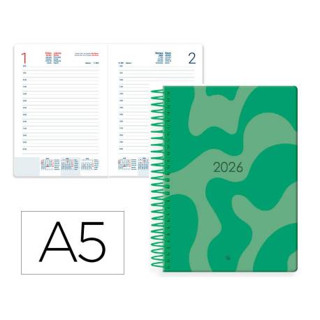 AGENDA ESPIRAL MARCA LIDERPAPEL SYROS 150X210 MM 2026 DIA PAGINA VERDE PAPEL 60GR FSC