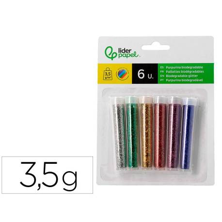 PURPURINA MARCA LIDERPAPEL BIODEGRADABLE FANTASIA BOTE DE 3,5 GR COLORES METALICOS SURTIDOS BLISTER DE 6