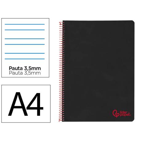 CUADERNO ESPIRAL MARCA LIDERPAPEL A4 WONDER TAPA PLASTICO 80H 90GR PAUTA ANCHA 3,5MM CON MARGEN COLOR NEGRO