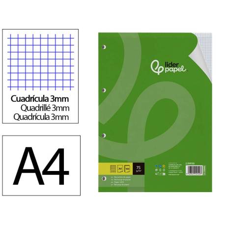 RECAMBIO MARCA LIDERPAPEL DIN A4 100 HOJAS 75 GR CUADRO 3 MM CON MARGEN 4 TALADROS