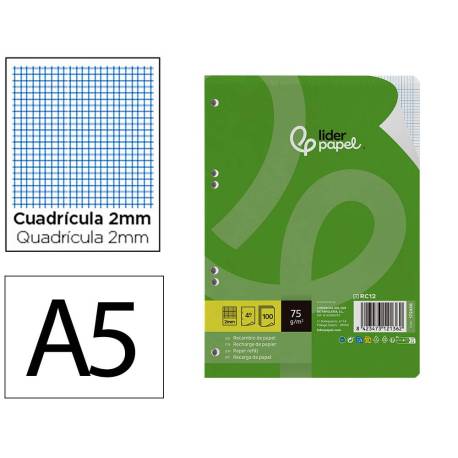 RECAMBIO MARCA LIDERPAPEL DIN A5 100 HOJAS 75 GR MILIMETRADO SIN MARGEN 6 TALADROS