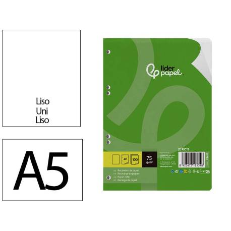 RECAMBIO MARCA LIDERPAPEL DIN A5 100 HOJAS 75 GR LISO SIN MARGEN 6 TALADROS