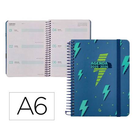 AGENDA ESCOLAR LIDERPAPEL 25-26 ESPIRAL PATTERNS RAYOS AZUL SEMANA VISTA DIN A6 BILINGÜE PAPEL FSC 80 GR