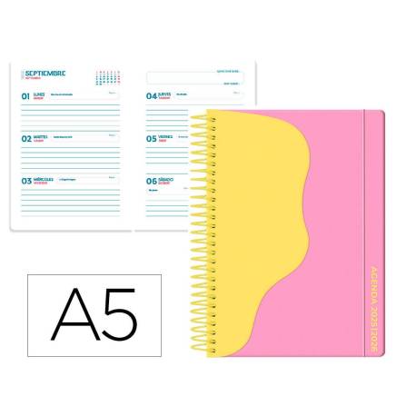 AGENDA ESCOLAR LIDERPAPEL 25-26 ESPIRAL WAVES ROSA SEMANA VISTA DIN A5 BILINGÜE PAPEL FSC 80 GR