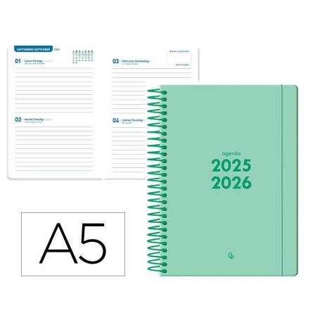 AGENDA ESCOLAR LIDERPAPEL 25-26 ESPIRAL BASIC VERDE MENTA 2 DIAS PAGINA DIN A5 BILINGÜE PAPEL FSC 70 GR
