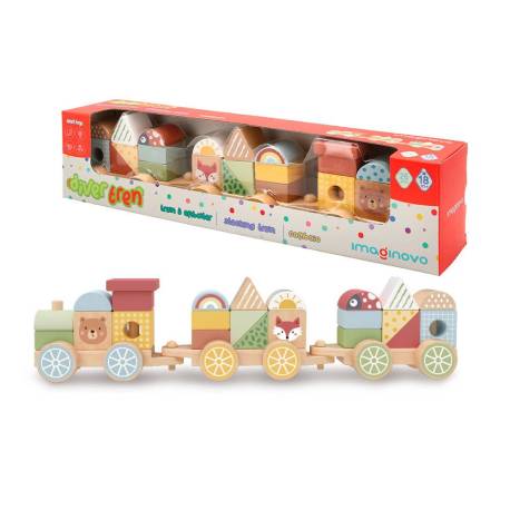 JUEGO INFANTIL MARCA IMAGINOVO MADERA TREN FIGURAS APILABLES CON RUEDAS +18 MESES 38X9,5X7,5CM