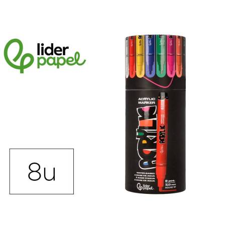 ROTULADOR MARCA LIDERPAPEL ACRYLIC BASE AGUA TODO TIPO DE SUPERFICIE PUNTA REDONDA 3 MM CAJA DE 8 UNIDADES COLORES