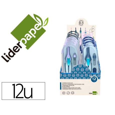 COMPAS MARCA LIDERPAPEL LOCK DEVICE CON ADAPTADOR UNIVERSAL Y TUBO DE MINAS EXPOSITOR CON 12 UNIDADES COLORES SURTIDOS