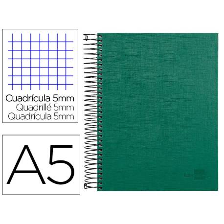 CUADERNO ESPIRAL MARCA LIDERPAPEL A5 MICRO PAPERCOAT TAPA FORRADA 140H 75 GR CUADRO5MM 5 BANDAS 6 TALADROS VERDE