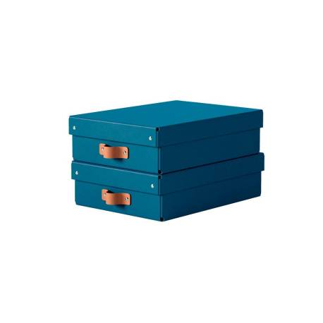 CAJA DE ALMACENAJE MARCA LEITZ CARTON MEDIANA BAJA CON ASA DE PIEL COLOR AZUL PACK DE 2 UNIDADES