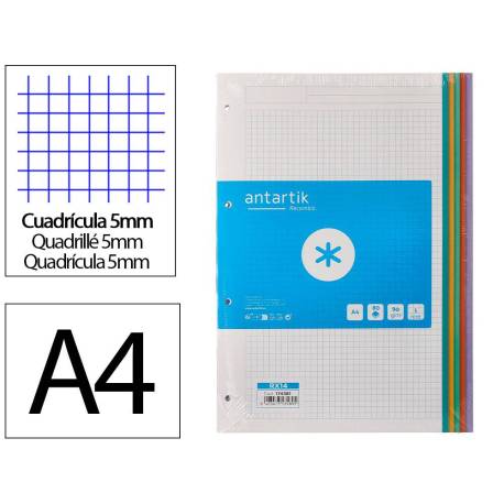 RECAMBIO A4 MARCA ANTARTIK 80 HOJAS 90G/M2 CUADRO 5 MM 4 TALADROS BANDAS DE 5 COLORES PASTELES