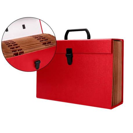 MALETIN LIDERPAPEL CON FUELLE Y ASA CARTON FORRADO 19 DEPARTAMENTOS 255X390X120 MM COLOR ROJO