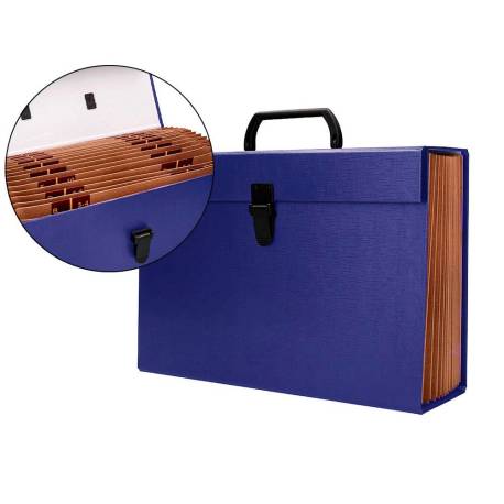 MALETIN MARCA LIDERPAPEL CON FUELLE Y ASA CARTON FORRADO 19 DEPARTAMENTOS 255X390X120 MM COLOR AZUL