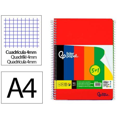 CUADERNO ESPIRAL MARCA LIDERPAPEL DIN A4 TAPA POLIPROPILENO 80H 90GR CUADRO 4MM CON MARGEN PACK 5+1 COLORES SURTIDOS
