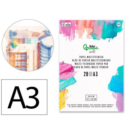BLOC PAPEL MULTITECNICA MARCA LIDERPAPEL DIN A3 PARA ACRILICO OLEO Y GOUACHE 20 HOJAS GRAMAJE 260G/M2