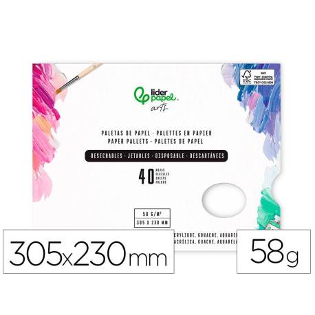 PALETAS DE PAPEL DESECHABLES MARCA LIDERPAPEL PARA PINTURA 40 HOJAS GRAMAJE 58G/M2 CON AGUJERO PARA PULGAR