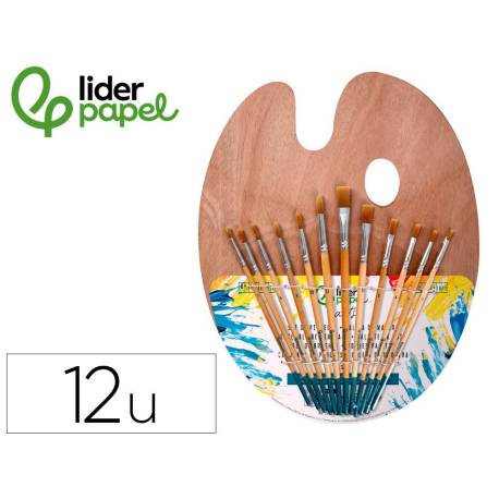 PINCELES SINTETICOS MARCA LIDERPAPEL PACK DE 12 UNIDADES CON PUNTAS Y TAMAÑOS SURTIDOS + PALETA DE MADERA