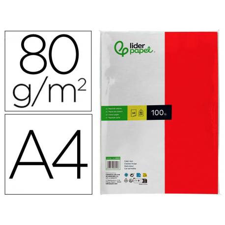 Papel color Liderpapel rojo A4 80g/m2 y 100 Hojas