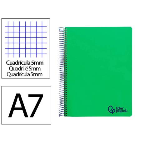 CUADERNO ESPIRAL MARCA LIDERPAPEL A7 MICRO WONDER TAPA PLASTICO 100H 90GR CUADRO 5MM 4 BANDAS COLOR VERDE OSCURO