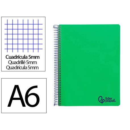 CUADERNO ESPIRAL MARCA LIDERPAPEL A6 MICRO WONDER TAPA PLASTICO 120H 90GR CUADRO 5MM 4 BANDAS COLOR VERDE OSCURO