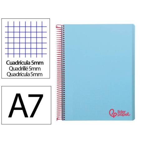 CUADERNO ESPIRAL LIDERPAPEL A7 MICRO WONDER TAPA PLASTICO 100H 90 GR CUADRO 5MM 4 BANDAS COLOR AZUL CELESTE