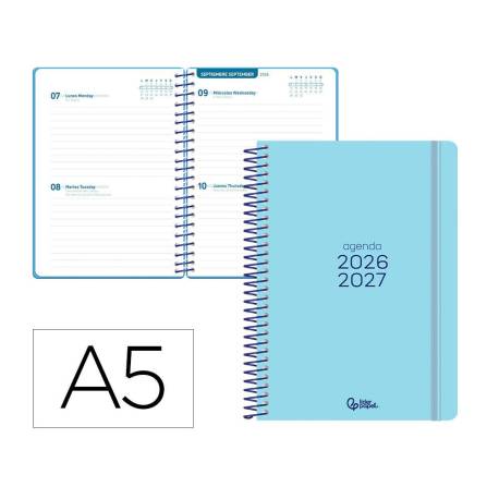 AGENDA ESCOLAR MARCA LIDERPAPEL 26-27 ESPIRAL BASIC 2 DIAS PAGINA A5 BILINGUE 70G PAPEL FSC AZUL TURQUESA