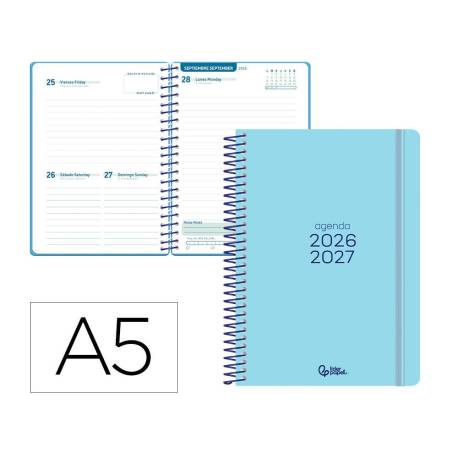 AGENDA ESCOLAR MARCA LIDERPAPEL 26-27 ESPIRAL BASIC DIA PAGINA A5 BILINGUE 70G PAPEL FSC AZUL TURQUESA