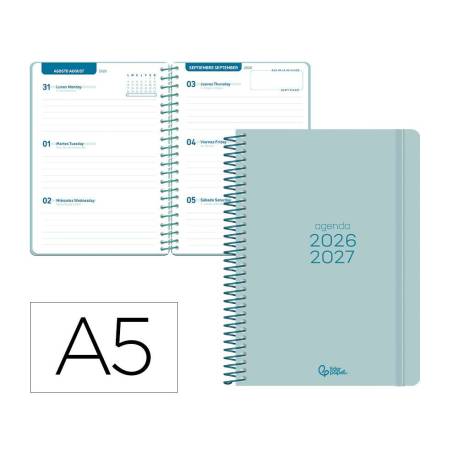 AGENDA ESCOLAR MARCA LIDERPAPEL 26-27 ESPIRAL BASIC SEMANA VISTA A5 BILINGUE 70G PAPEL FSC TURQUESA