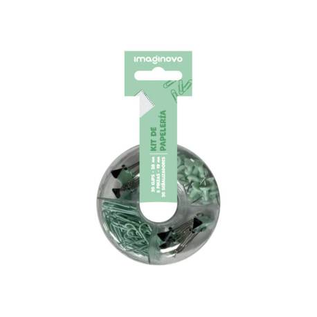 SET DE PAPELERIA MARCA IMAGINOVO CON CLIPS 28MM PINZAS 19MM Y CHINCHETAS VERDE