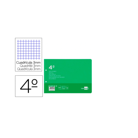 RECAMBIO LIDERPAPEL DIN A5 APAISADO 100 HOJAS 75 GR CUADRO 3 MM 2 TALADROS CON MARGEN