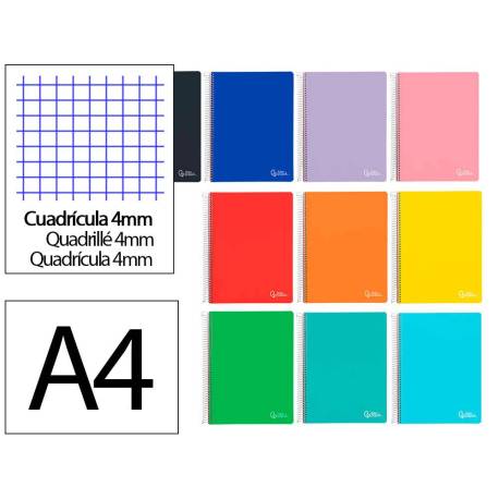 CUADERNO ESPIRAL MARCA LIDERPAPEL A4 WITTY TAPA DURA 120H 90GR CUADRO 4MM CON MARGEN COLORES SURTIDOS
