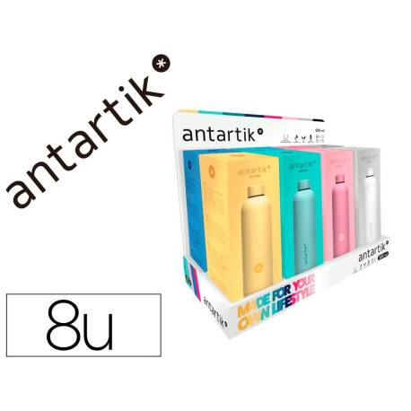 BOTELLA MARCA ANTARTIK ISOTERMICA ACERO INOXIDABLE LIBRE DE BPA 500ML EXPOSITOR CON 8 BOTELLAS