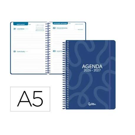 AGENDA ESCOLAR LIDERPAPEL 26-27 ESPIRAL CLASSIC 2 DIAS PAGINA A5 BILINGUE 70G PAPEL FSC AZUL MARINO