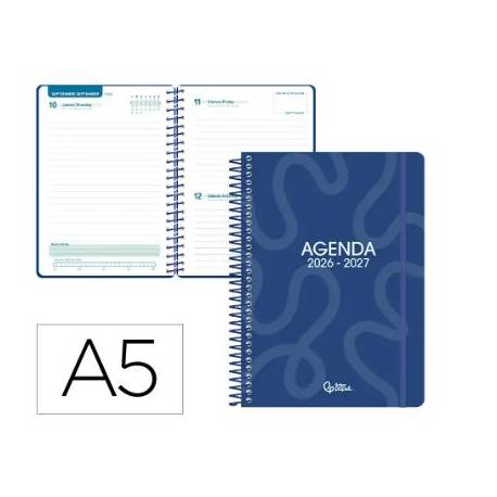 AGENDA ESCOLAR LIDERPAPEL 26-27 ESPIRAL CLASSIC DIA PAGINA A5 BILINGUE 70G PAPEL FSC AZUL MARINO