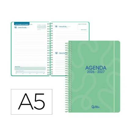 AGENDA ESCOLAR LIDERPAPEL 26-27 ESPIRAL CLASSIC DIA PAGINA A5 BILINGUE 70G PAPEL FSC VERDE