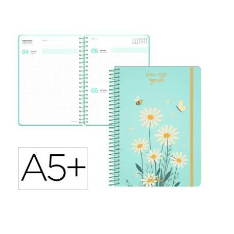 AGENDA ESCOLAR LIDERPAPEL 26-27 ESPIRAL FLOWERS DIA PAGINA A5+ BILINGUE 80G PAPEL FSC AZUL