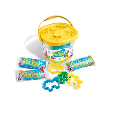 PASTA PARA MODELAR MARCA CARIOCA DOUGHY BUCKET 50 GR SET DE 3 UNIDADES COLORES SURTIDOS + 4 MOLDES