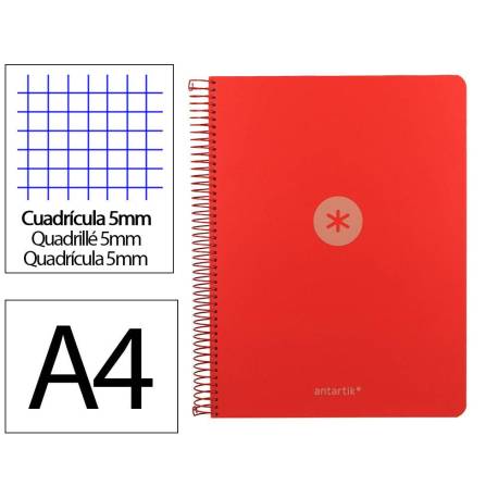 CUADERNO ESPIRAL MARCA ANTARTIK MICRO A4 TAPA FOAM 120H 90GR CUADRO 5MM 5 BANDAS 4 TALADROS COLOR ROJO