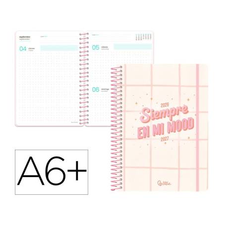 AGENDA ESCOLAR MARCA LIDERPAPEL 26-27 ESPIRAL GRAPHIC DIA PAGINA A6 BILINGUE 80G PAPEL FSC ROSA