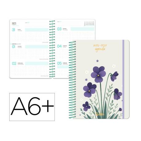 AGENDA ESCOLAR MARCA LIDERPAPEL 26-27 ESPIRAL FLOWERS SEMANA VISTA A6+ BILINGUE 80G PAPEL FSC BLANCO